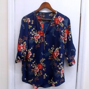 Rue 21 Navy Blue Floral Print Zipper V Neck 3/4 Sleeve Blouse Top Size S/ #2675